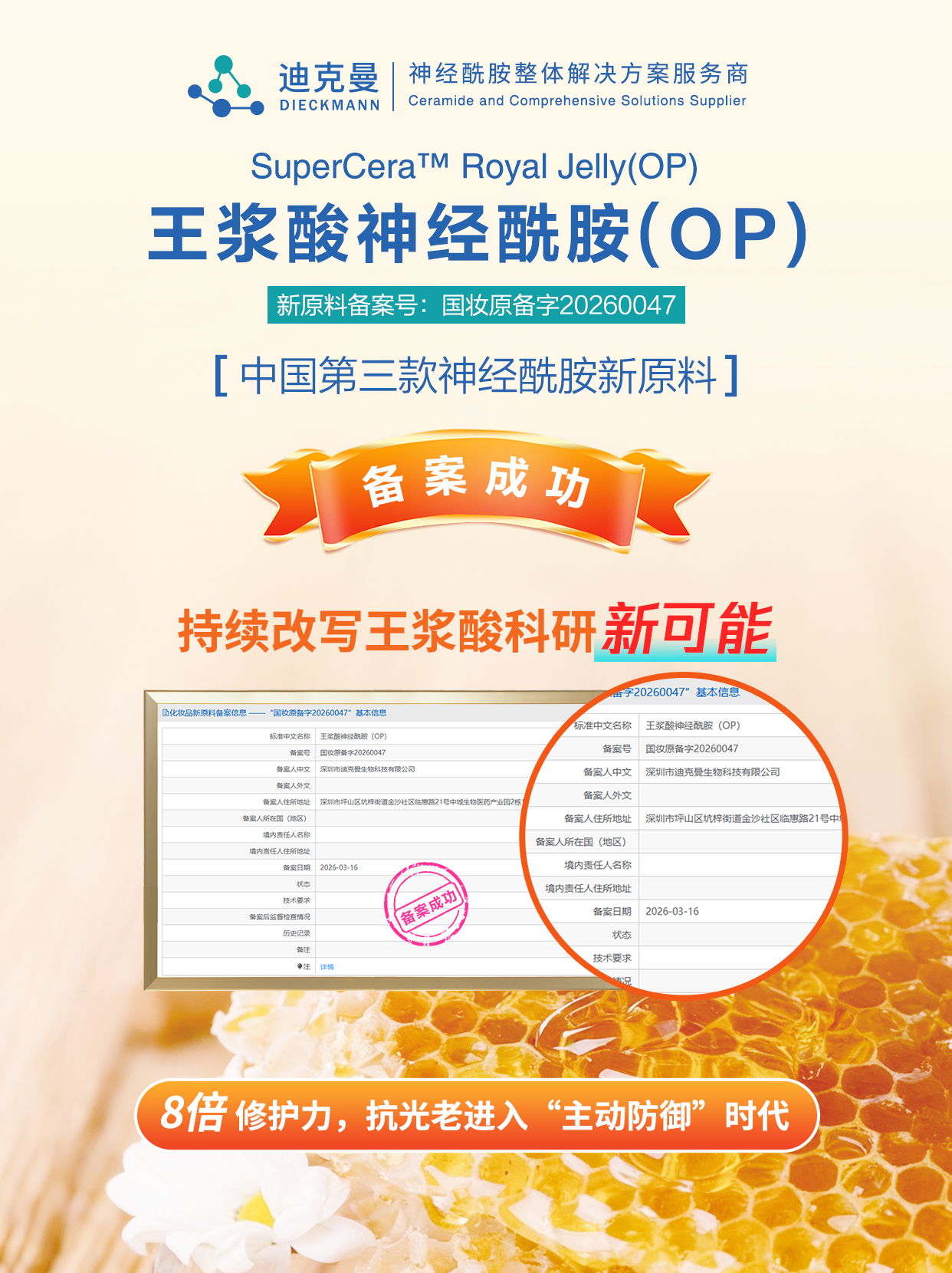 迪克曼生物再添新原料备案：王浆酸神经酰胺(OP)，取得抗光老化新突破！(图1)